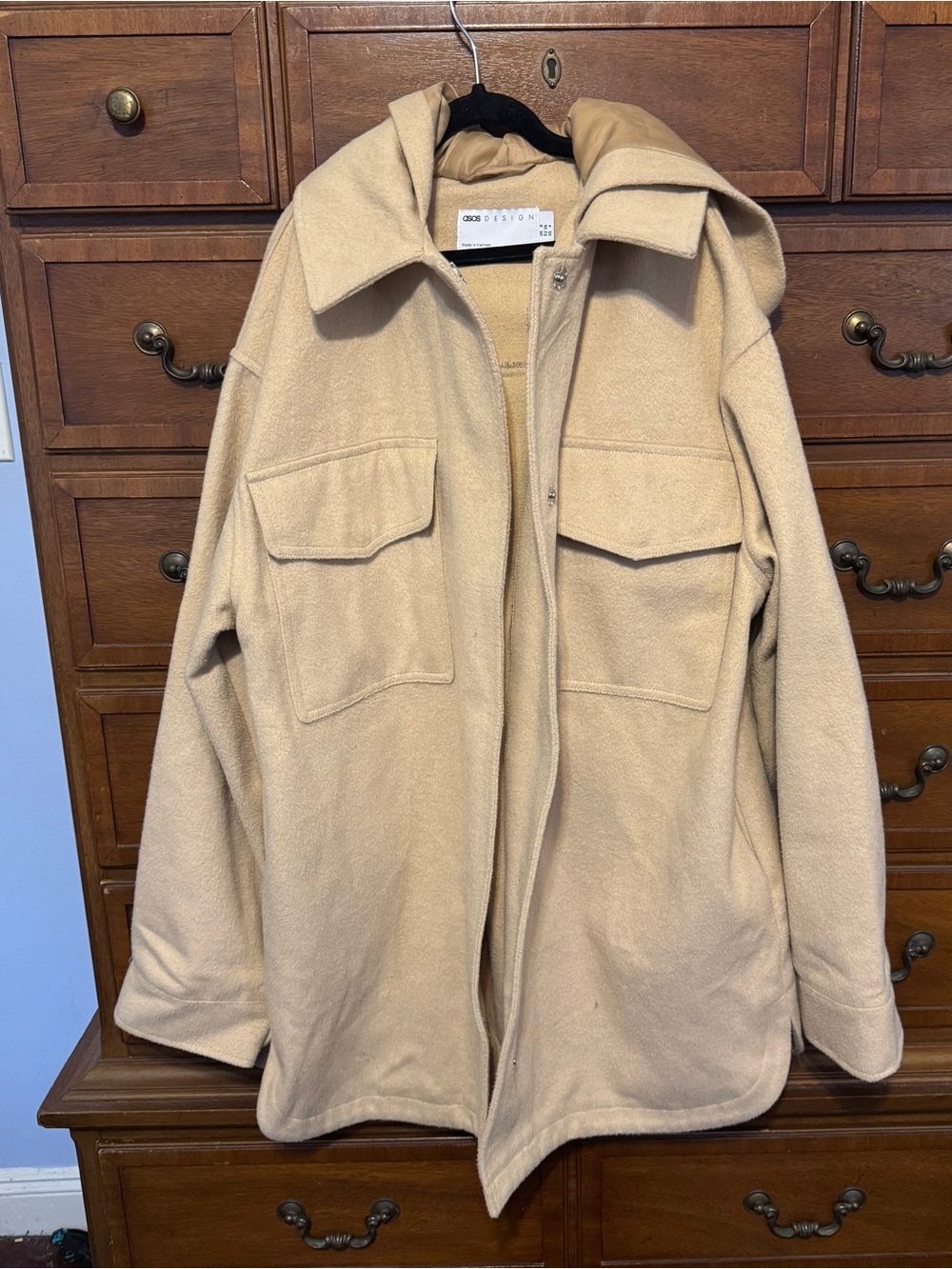 ASOS Design Camel Tan Hooded Wool Blend Shacket Coat US 4 Oversized Quiet Luxury